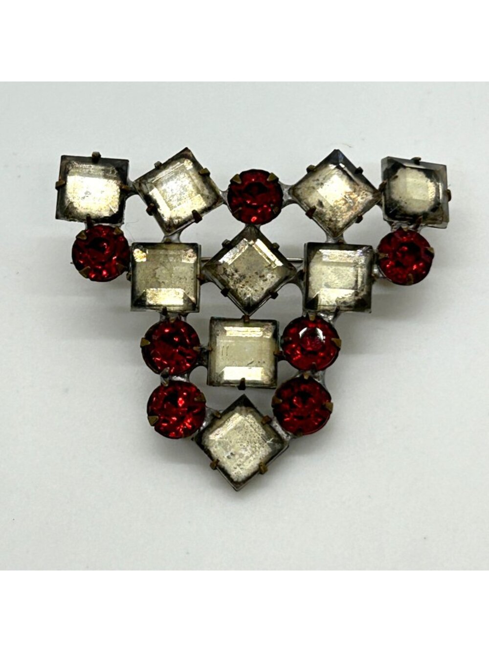 Vintage Art Deco Pot Metal Brooch Ruby Red & Clear Rhinestone Geometric 1930s